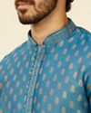 alt message - Manyavar Men Teal Blue Buta Patterned Kurta Set image number 1